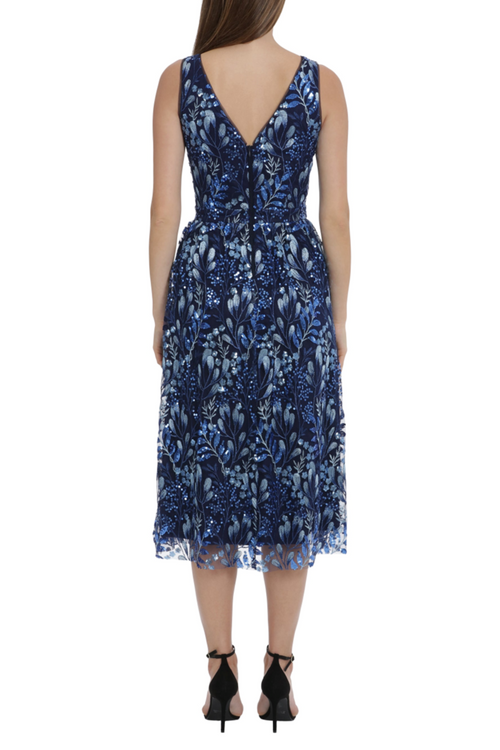 Embroidered Sequin Floral Blue Multi V-Neck Sleeveless Floral Print Sequin Embroidered Tulle Dress by Maggy London G5400M