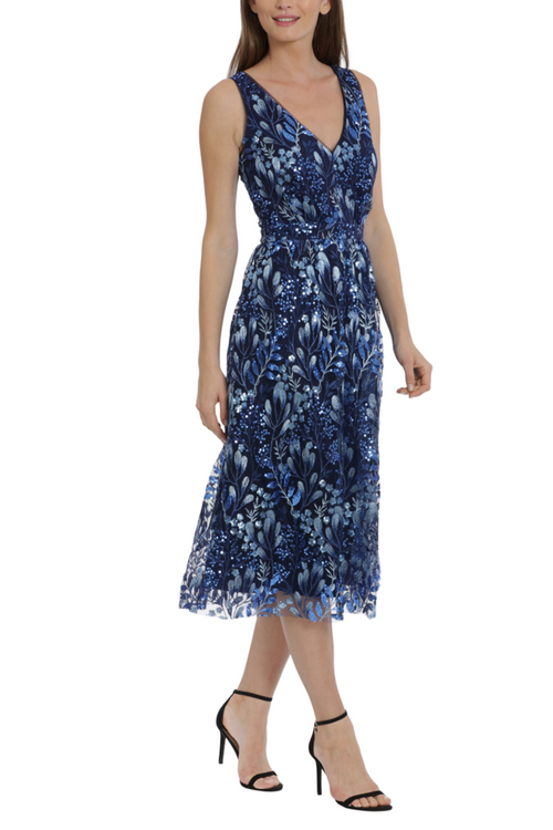 Embroidered Sequin Floral Blue Multi V-Neck Sleeveless Floral Print Sequin Embroidered Tulle Dress by Maggy London G5400M