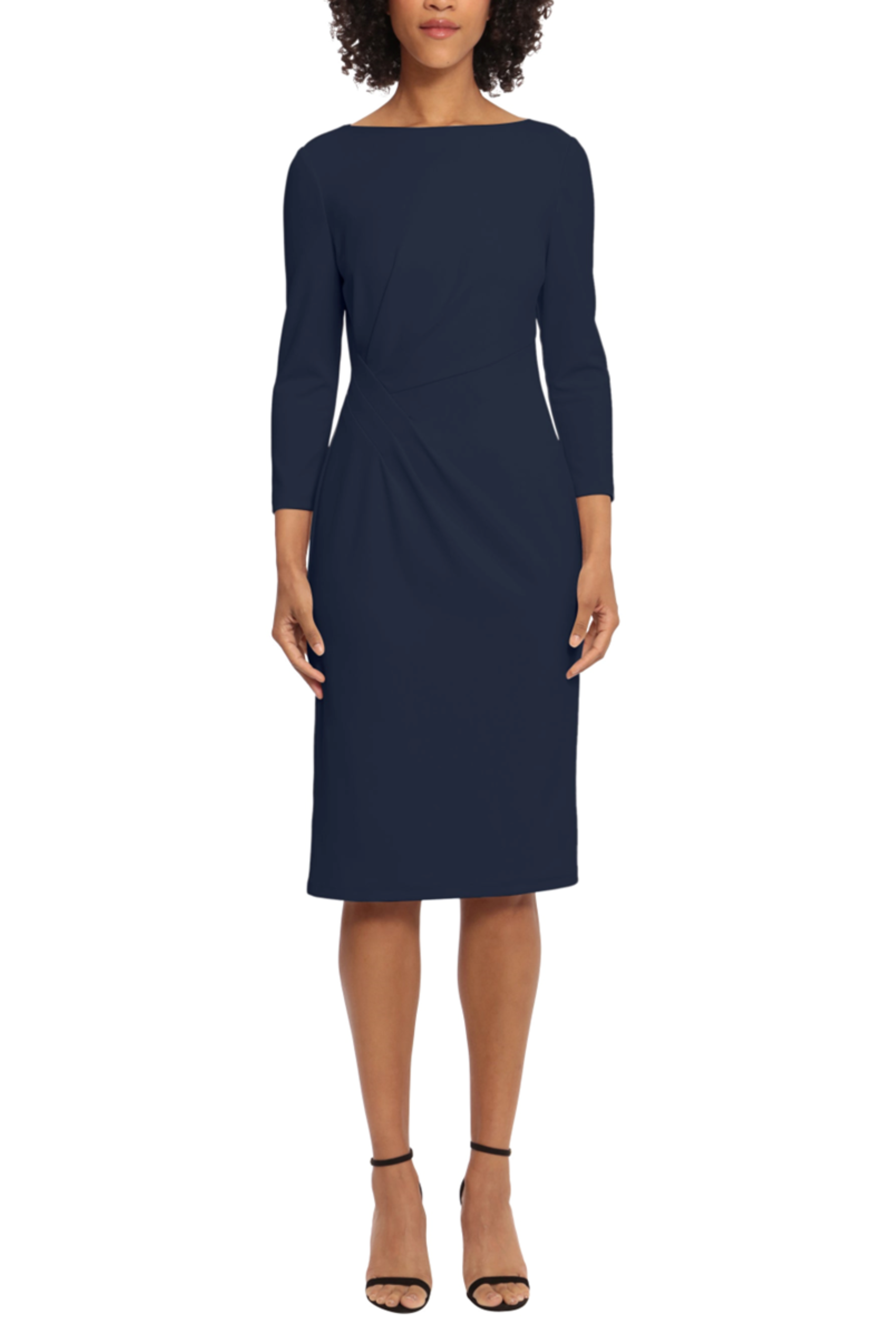 3/4 Sleeve Pleated Waist Twilight Navy Boat Neckline Side Slit Scuba Crepe Sheath Dress by Maggy London G5472M