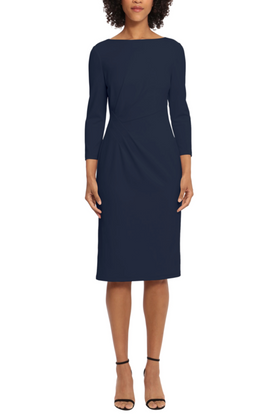 Maggy London G5472M 3/4 Sleeve Pleated Waist Twilight Navy Boat Neckline Side Slit Scuba Crepe Sheath Dress