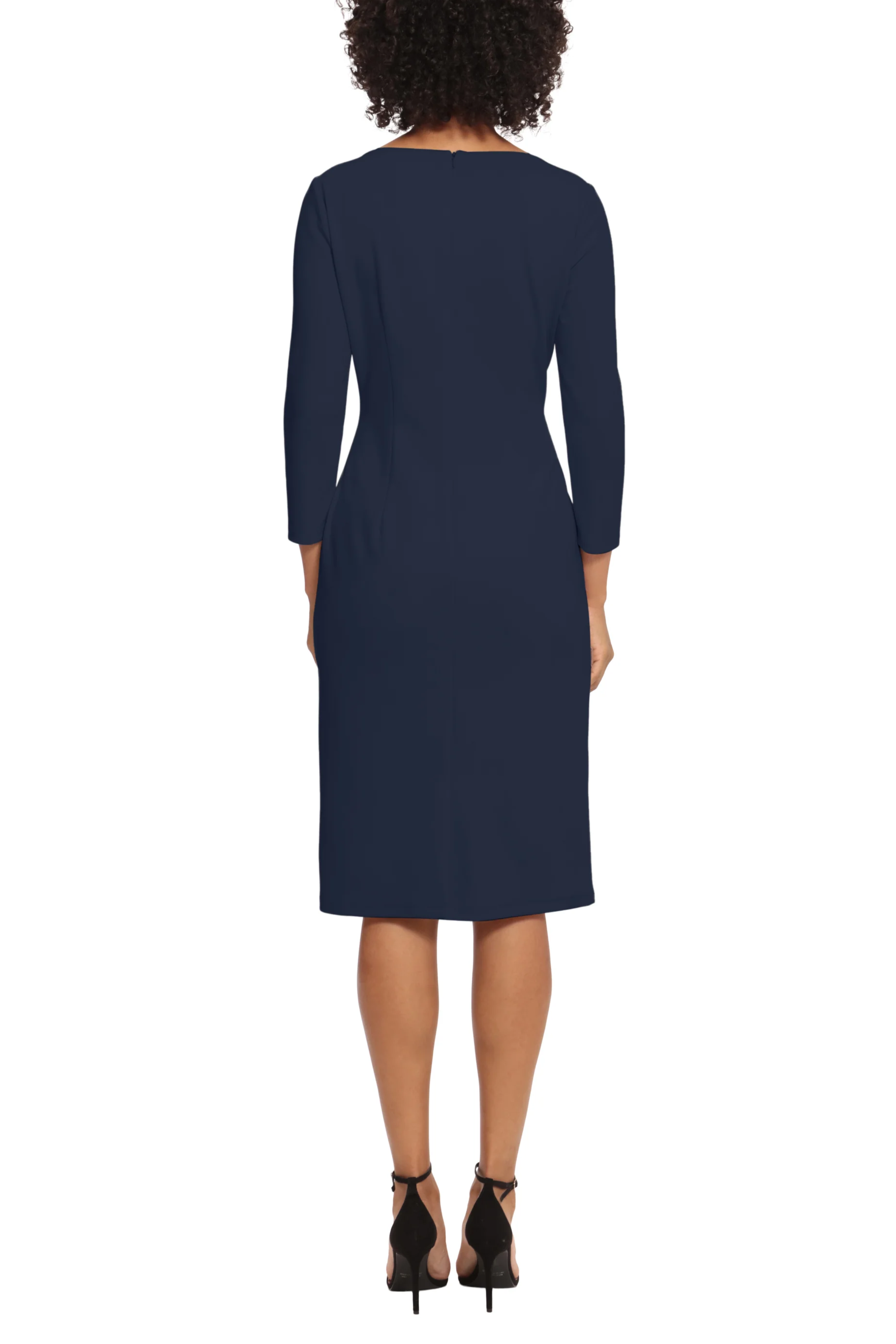 3/4 Sleeve Pleated Waist Twilight Navy Boat Neckline Side Slit Scuba Crepe Sheath Dress by Maggy London G5472M