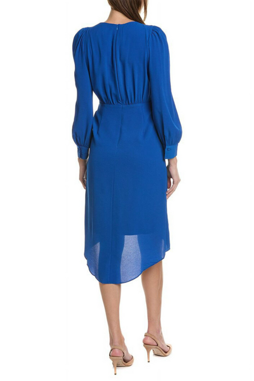 Pleated Ruched Long Sleeve Princess Blue Surplice V-Neck Bubble Crepe Dress by Maggy London G5493M
