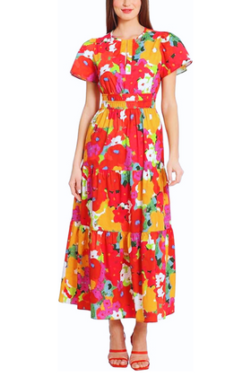 Maggy London G5559M Short Sleeve Floral Tiered White Flame Short Flutter Sleeve Floral Print Maxi Dress