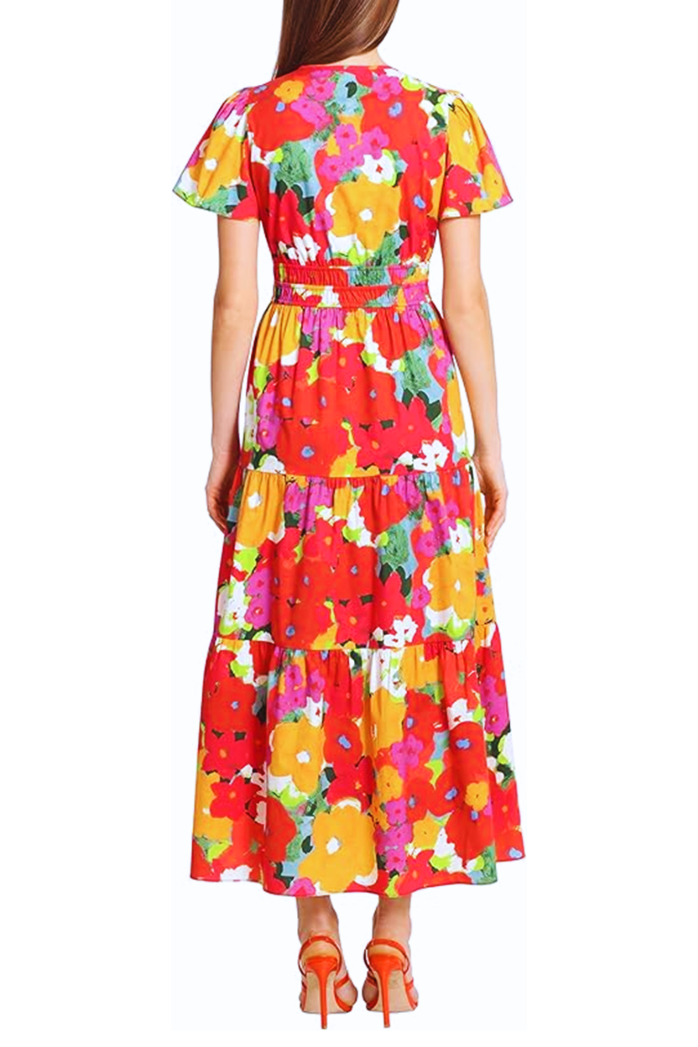 Short Sleeve Floral Tiered White Flame Short Flutter Sleeve Floral Print Maxi Dress by Maggy London G5559M