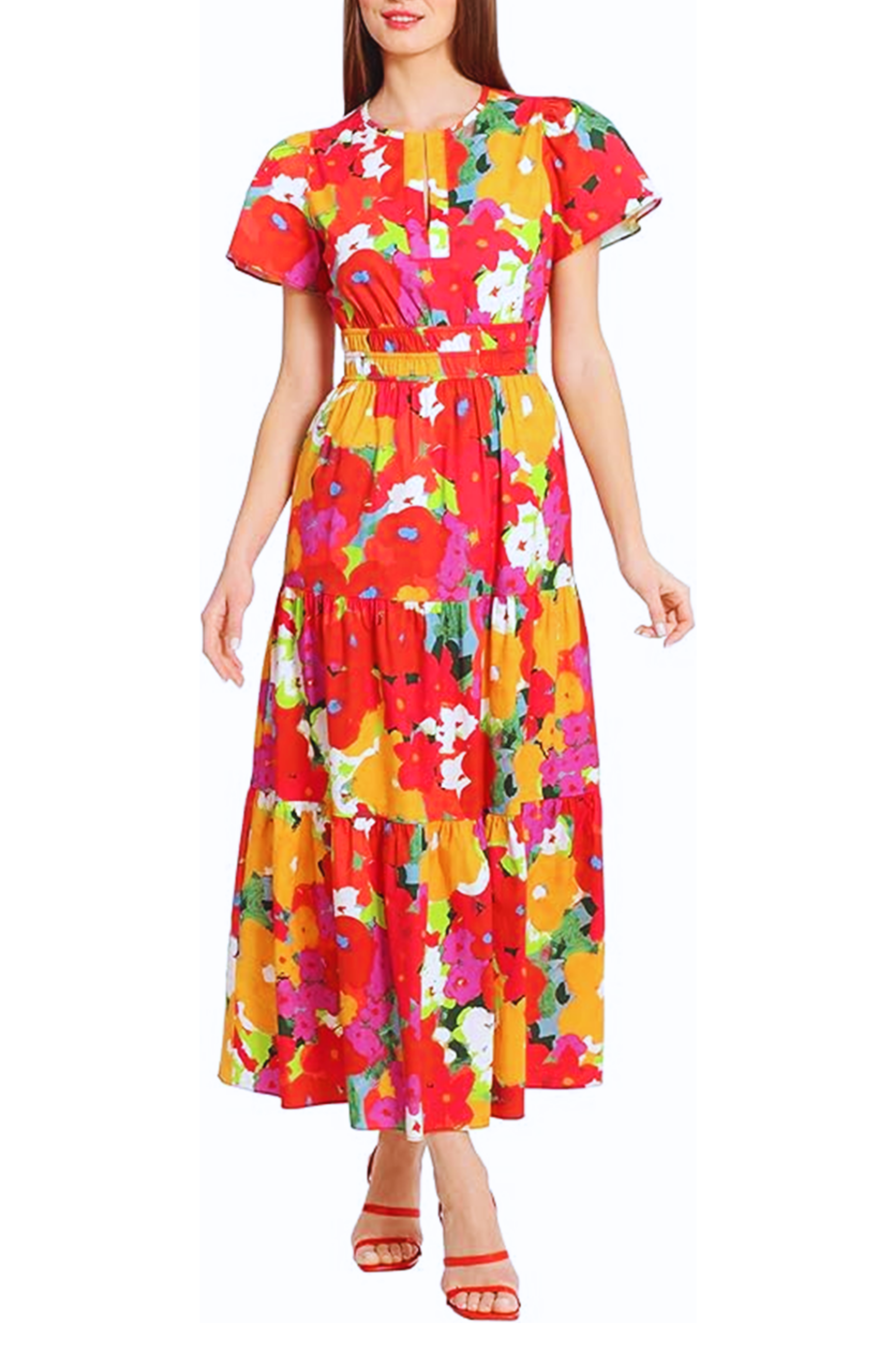 Short Sleeve Floral Tiered White Flame Short Flutter Sleeve Floral Print Maxi Dress by Maggy London G5559M