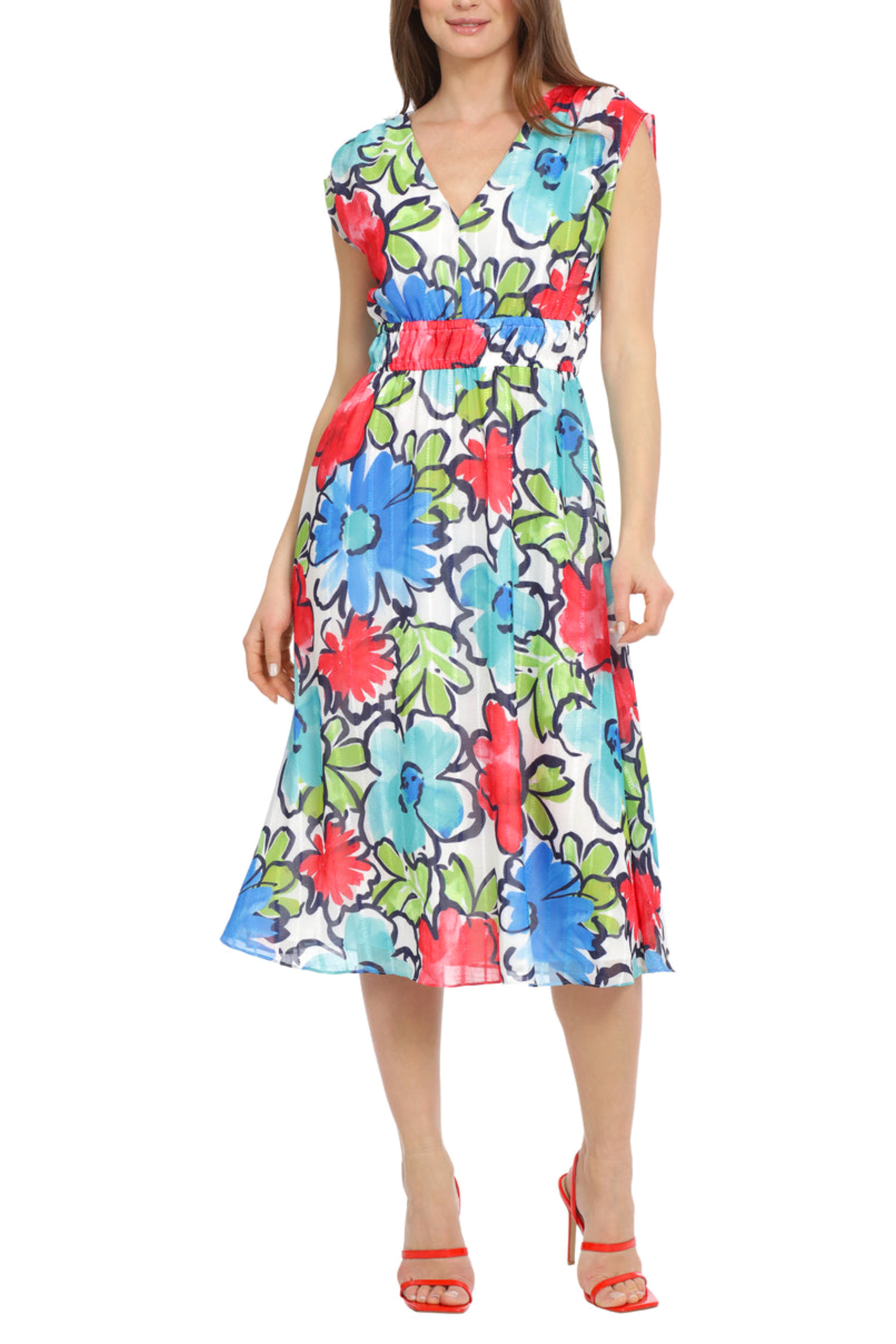 Maggy London G5607M Short Sleeve A-Line Floral Soft White Aqua V-Neck Cap Sleeve Floral Print Keyhole Back Dress