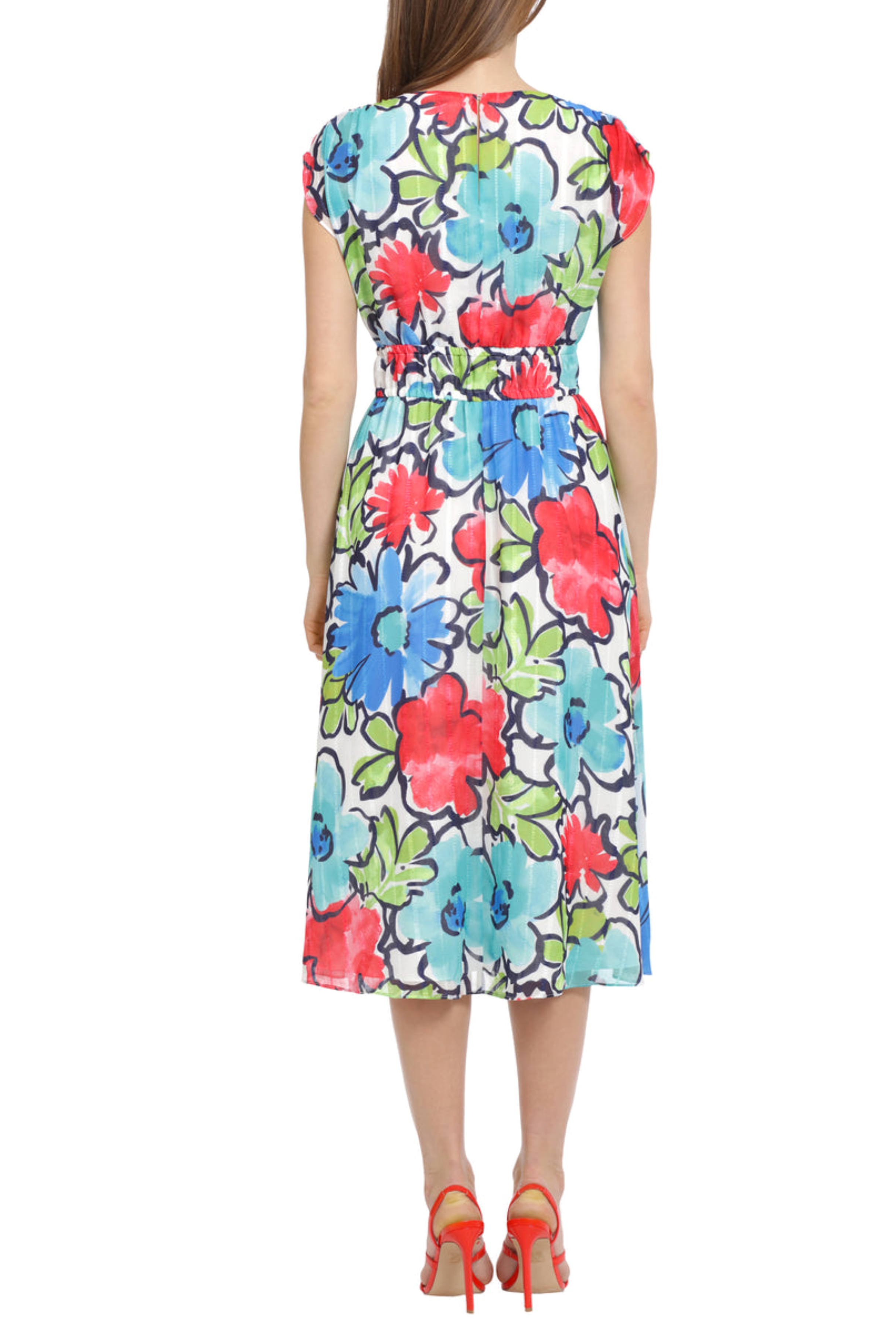 Short Sleeve A-Line Floral Soft White Aqua V-Neck Cap Sleeve Floral Print Keyhole Back Dress by Maggy London G5607M