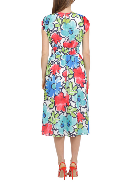 Short Sleeve A-Line Floral Soft White Aqua V-Neck Cap Sleeve Floral Print Keyhole Back Dress by Maggy London G5607M