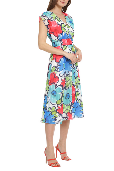Short Sleeve A-Line Floral Soft White Aqua V-Neck Cap Sleeve Floral Print Keyhole Back Dress by Maggy London G5607M