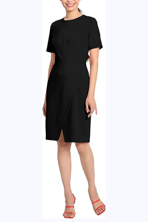 Short Sleeve Draped Flap Black and Clema Blue Sash Belt Side Slit Scuba Crepe Sheath Dress by Maggy London G5673M