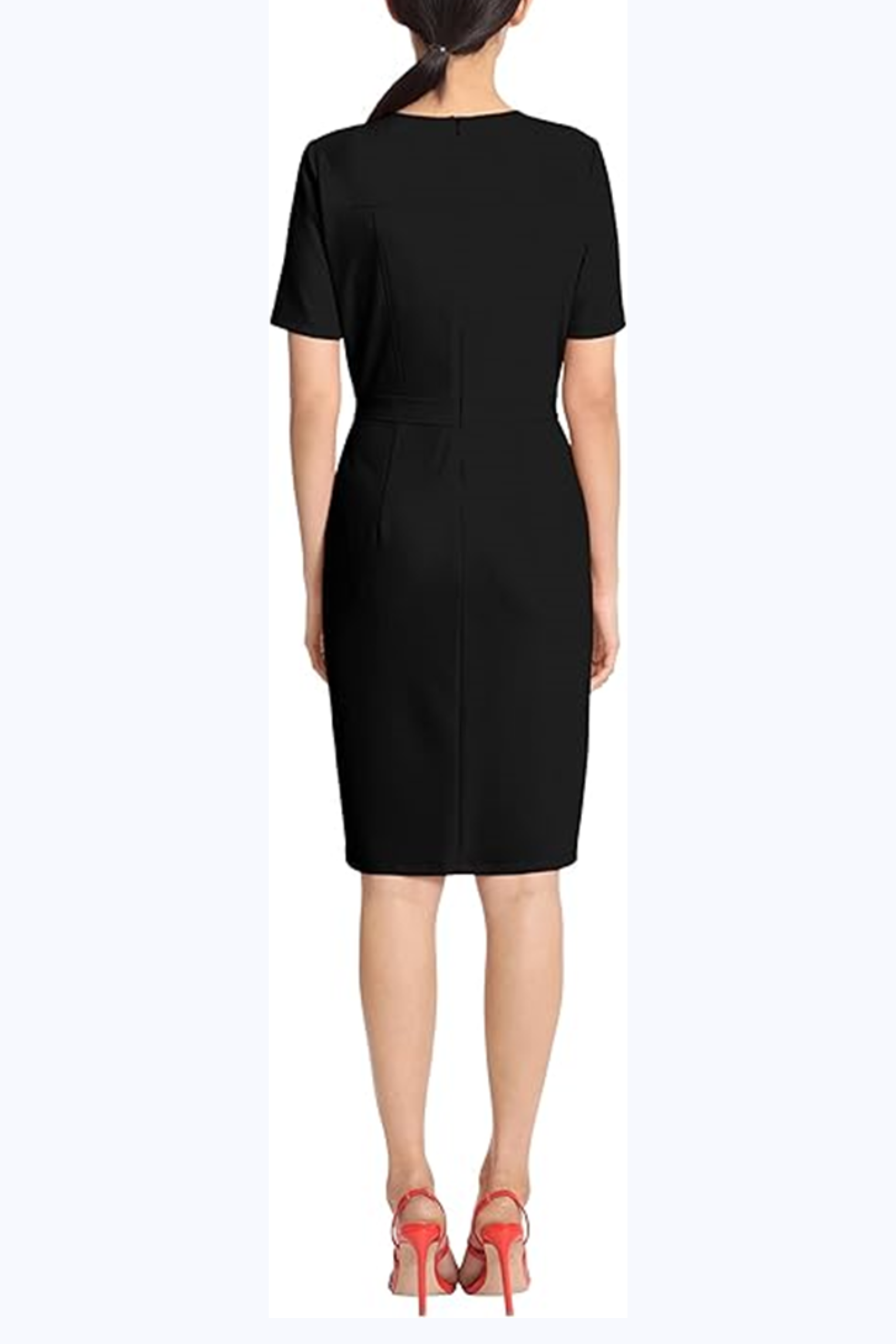 Short Sleeve Draped Flap Black and Clema Blue Sash Belt Side Slit Scuba Crepe Sheath Dress by Maggy London G5673M