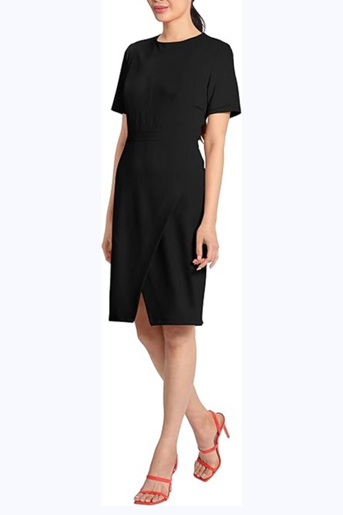 Short Sleeve Draped Flap Black and Clema Blue Sash Belt Side Slit Scuba Crepe Sheath Dress by Maggy London G5673M