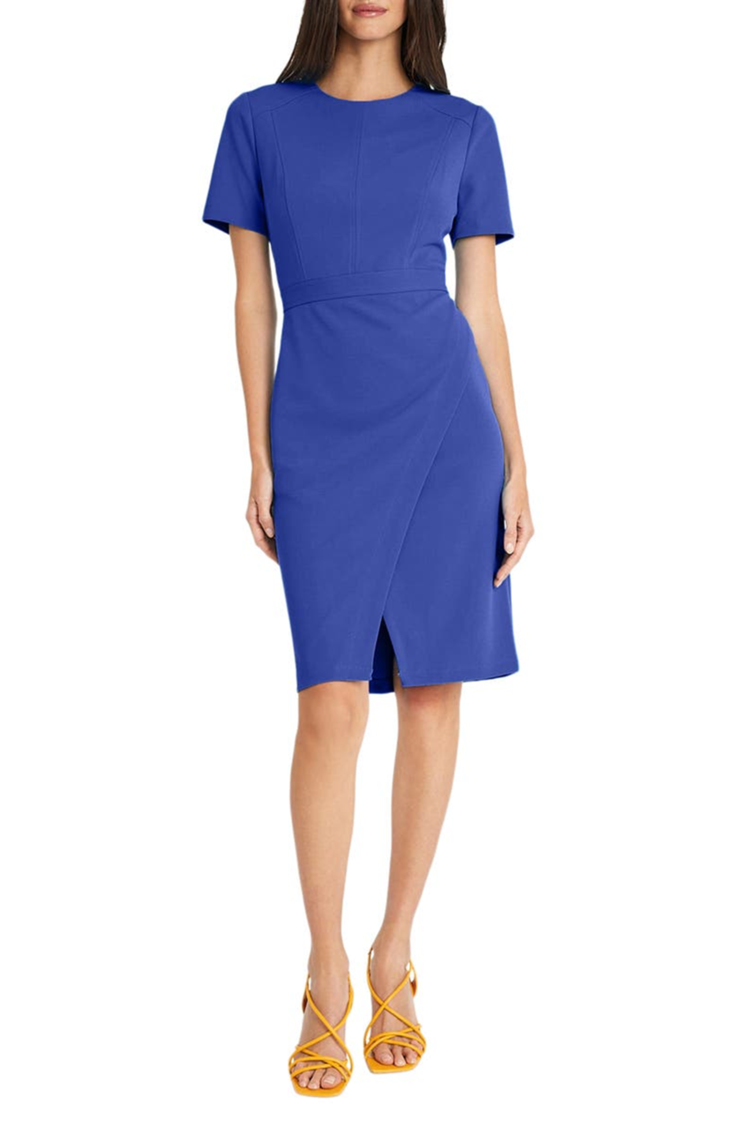 Maggy London G5673M Short Sleeve Draped Flap Black and Clema Blue Sash