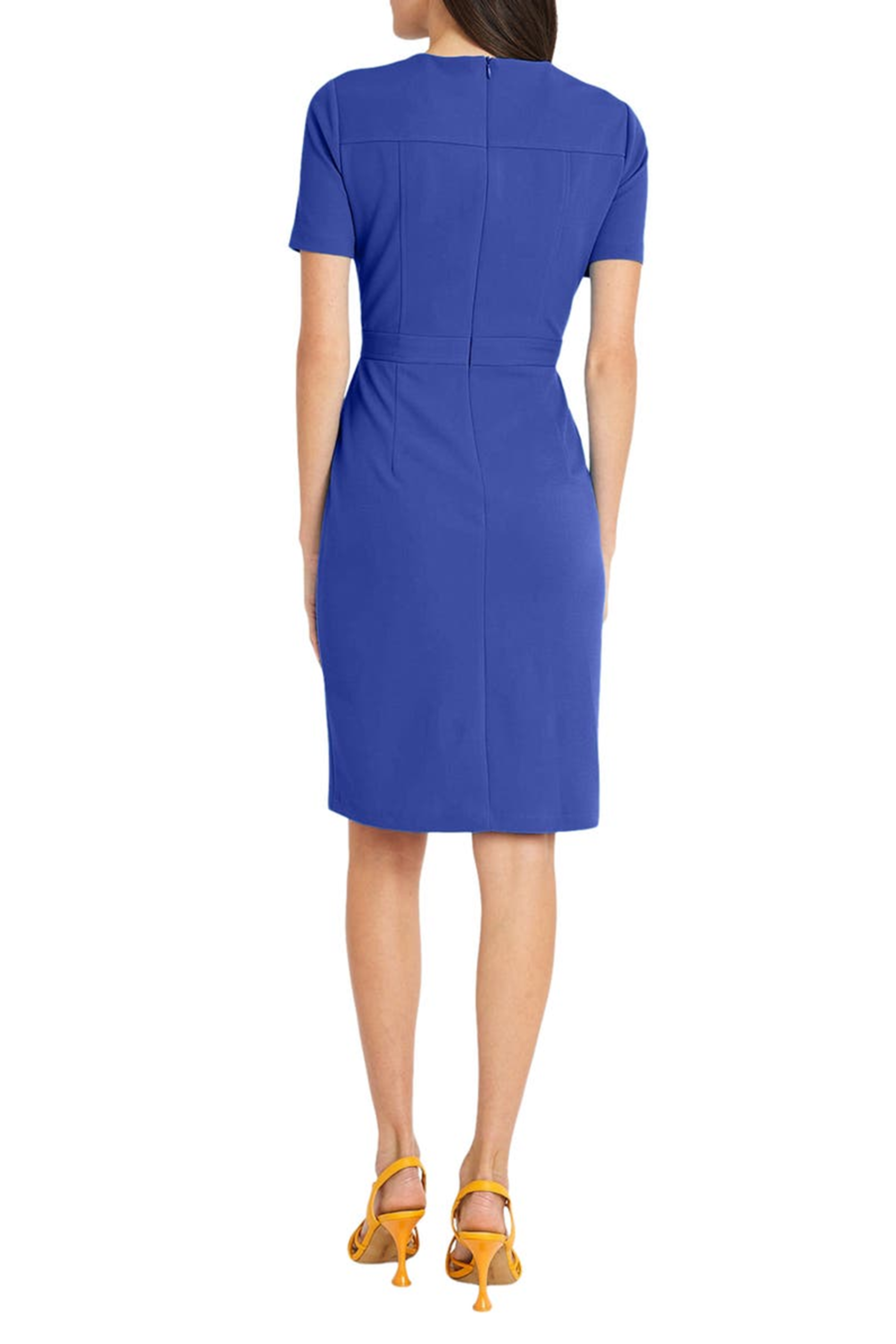 Short Sleeve Draped Flap Black and Clema Blue Sash Belt Side Slit Scuba Crepe Sheath Dress by Maggy London G5673M