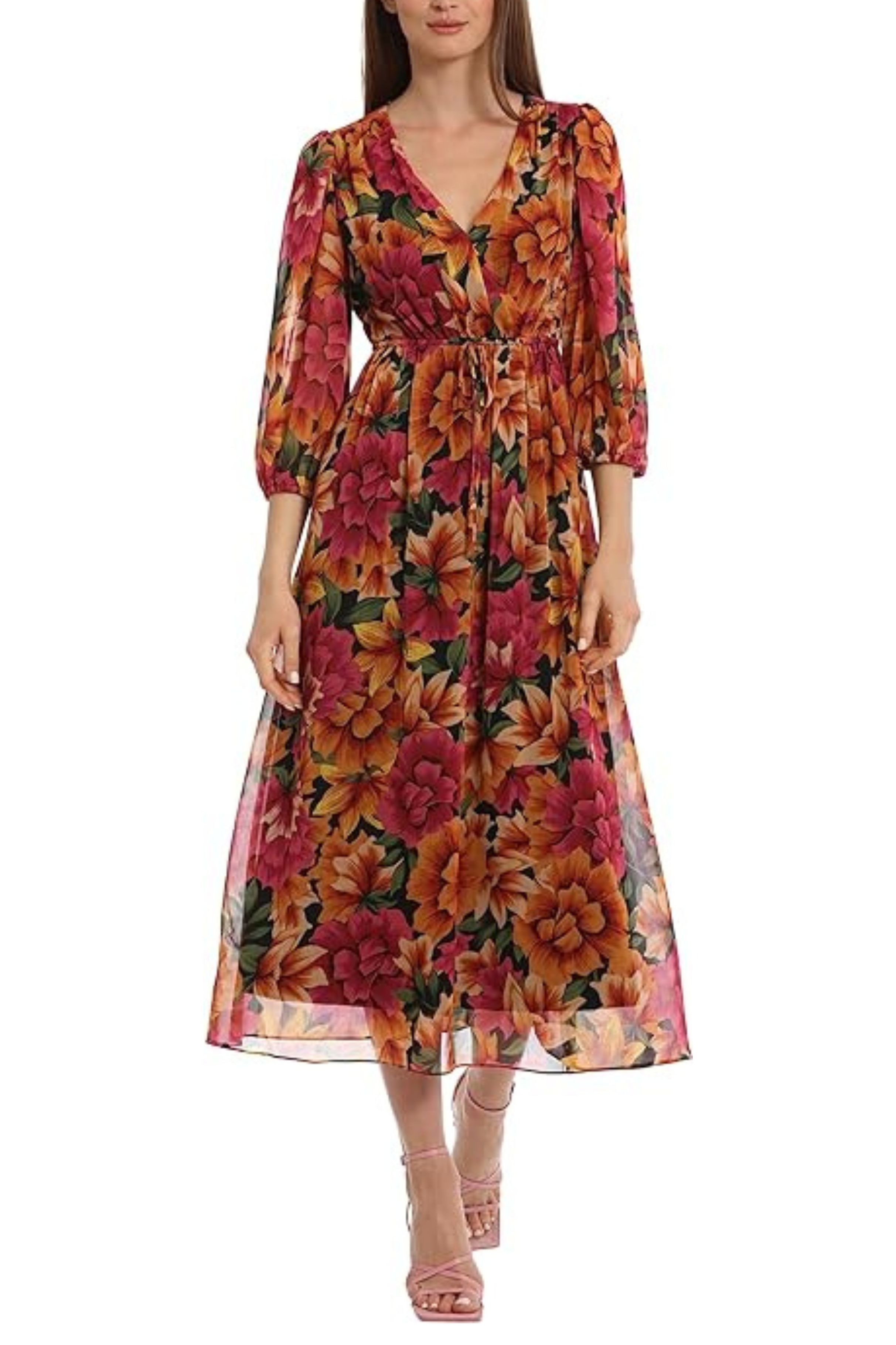 maggy london floral a line dress G5707M 3/4 Sleeve A-Line Black Tan Surplice V-Neck Floral Print Side Tie Sash Belt Midi Charmeuse fabrication