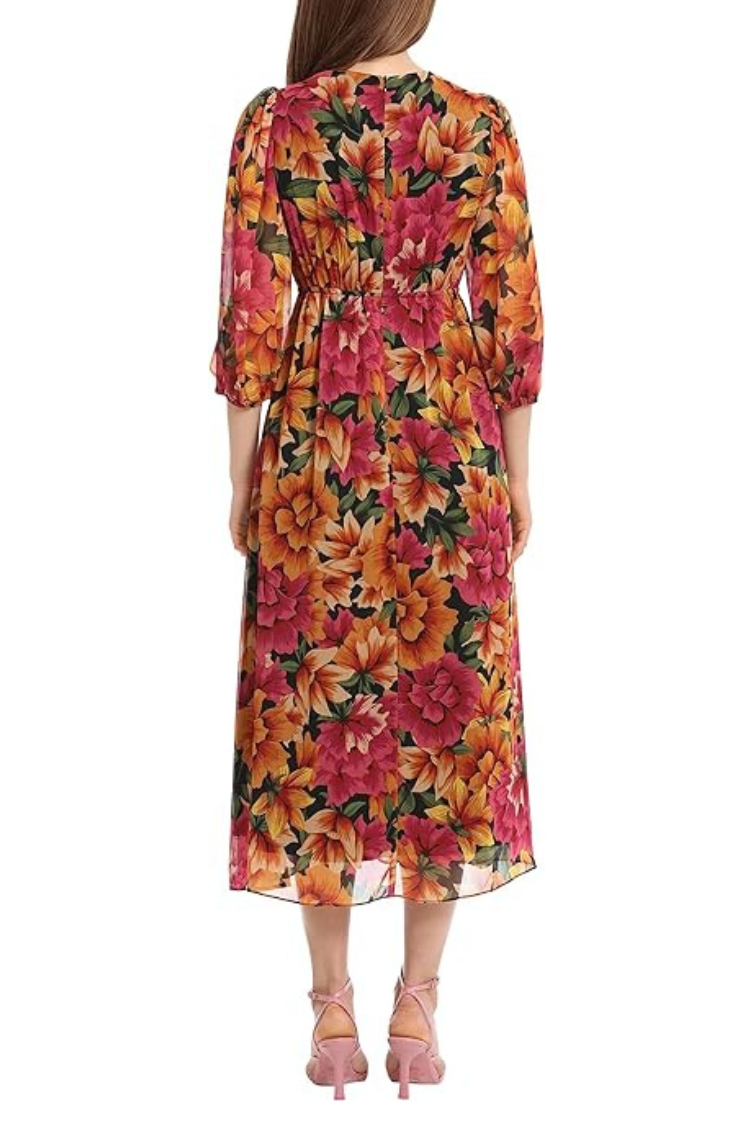 3/4 Sleeve Floral A-Line Black Tan Surplice V-Neck Floral Print Side Tie Sash Belt Midi Dress by Maggy London G5707M