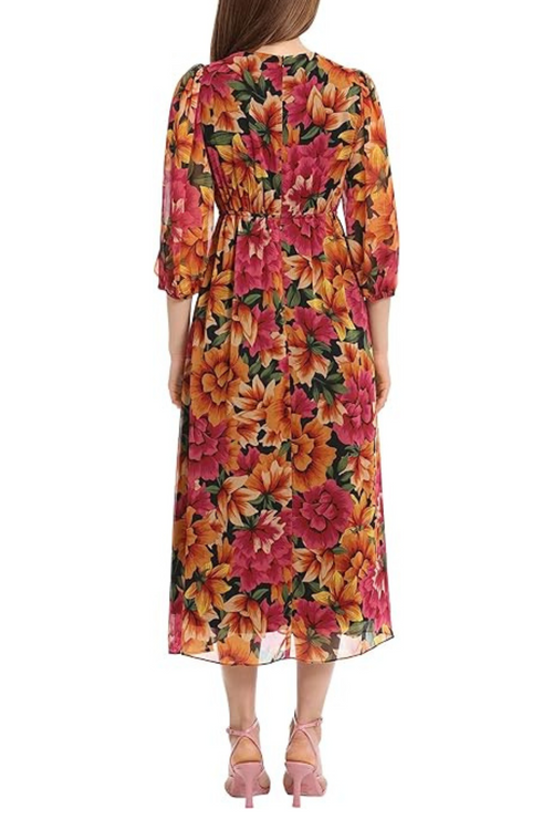 3/4 Sleeve Floral A-Line Black Tan Surplice V-Neck Floral Print Side Tie Sash Belt Midi Dress by Maggy London G5707M