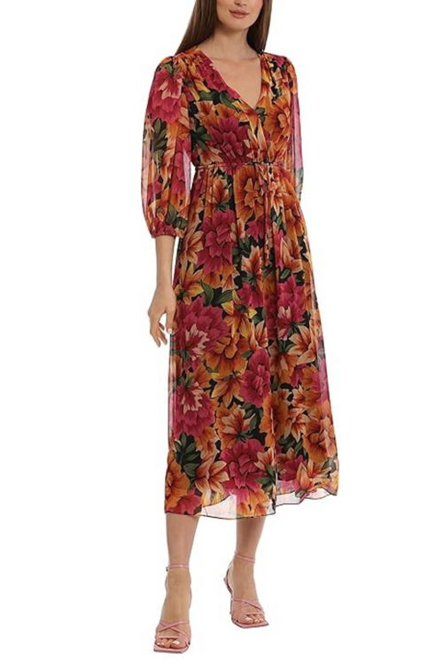 3/4 Sleeve Floral A-Line Black Tan Surplice V-Neck Floral Print Side Tie Sash Belt Midi Dress by Maggy London G5707M
