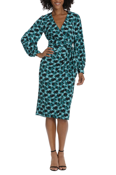 Geo Print Long Sleeve Faux Seafoam Blue Surplice V-Neck Side Tie Crepe De Chine Wrap Dress by Maggy London G5783M