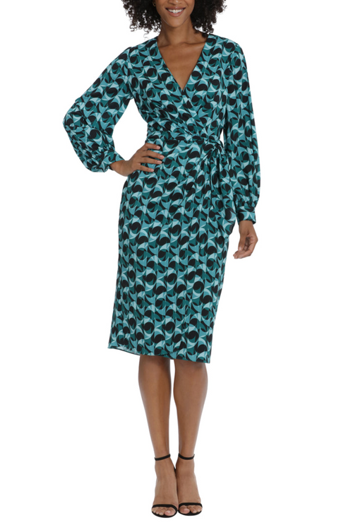Geo Print Long Sleeve Faux Seafoam Blue Surplice V-Neck Side Tie Crepe De Chine Wrap Dress by Maggy London G5783M