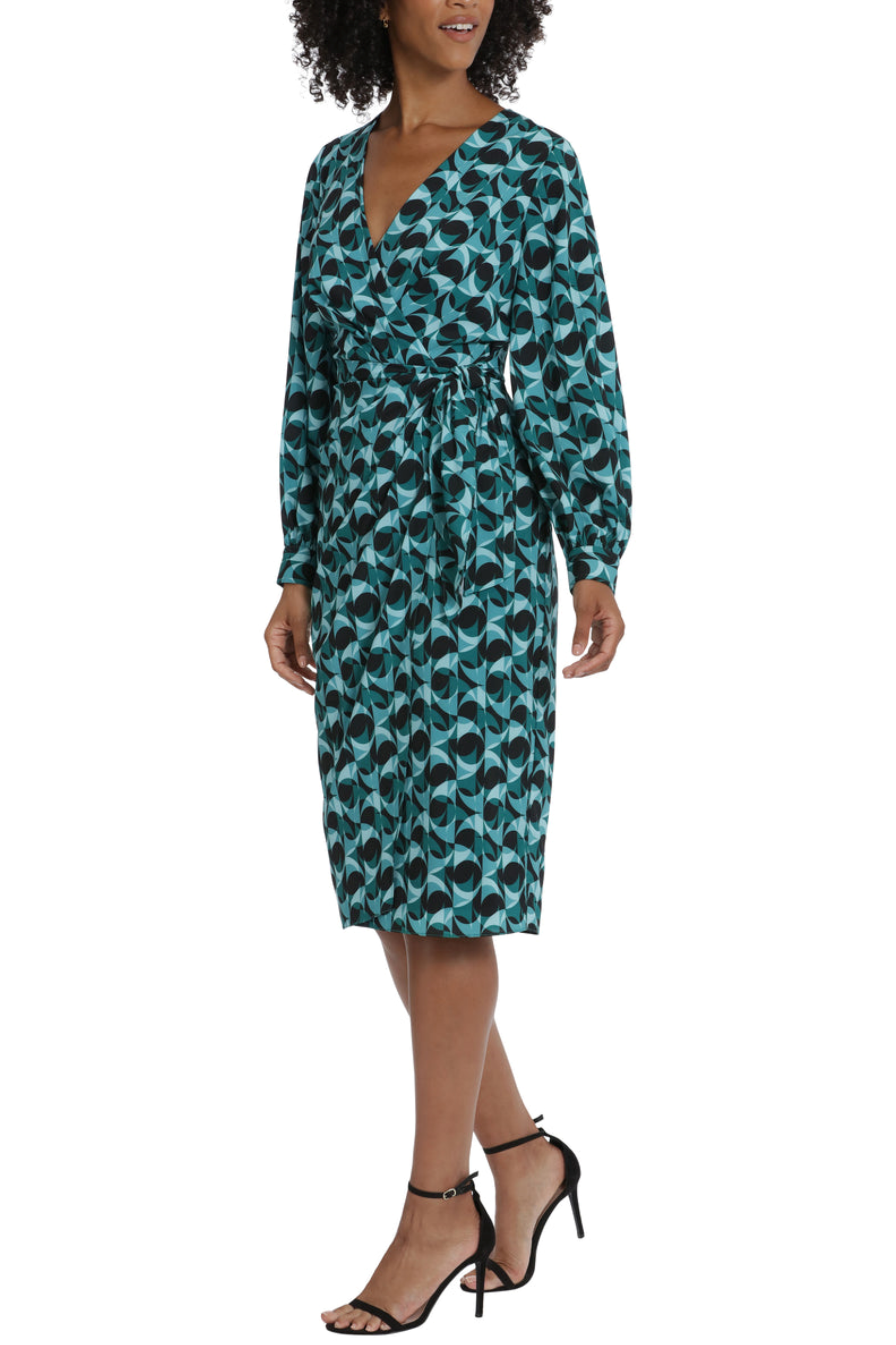 Geo Print Long Sleeve Faux Seafoam Blue Surplice V-Neck Side Tie Crepe De Chine Wrap Dress by Maggy London G5783M
