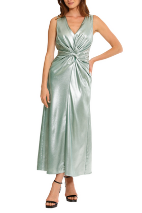 Maggy London G5813M Twisted Knot Metallic Silver V-Neck Sleeveless Side Slit Evening Dress