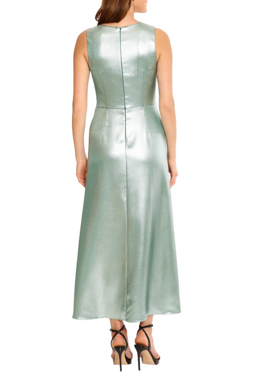 Twisted Knot Metallic Silver V-Neck Sleeveless Side Slit Evening Dress by Maggy London G5813M
