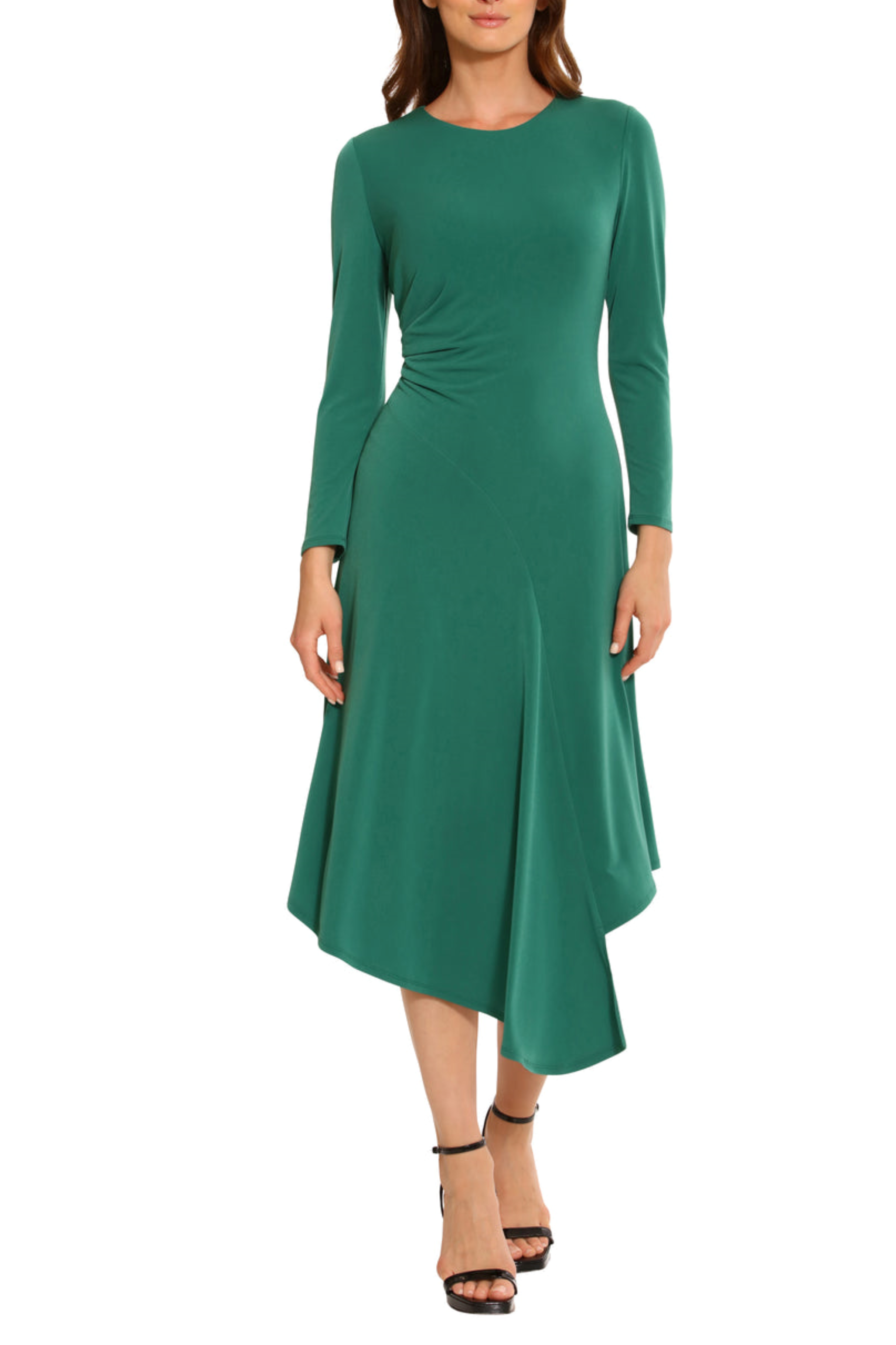 Long Sleeve Asymmetrical Evergreen Pleated Jersey A-Line Dress by Maggy London G5835M