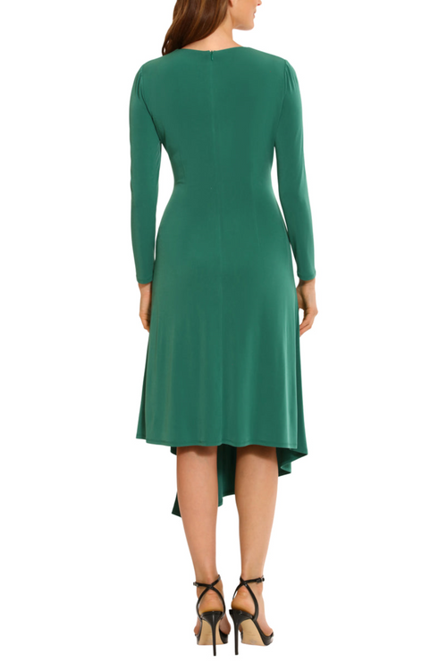 Long Sleeve Asymmetrical Evergreen Pleated Jersey A-Line Dress by Maggy London G5835M
