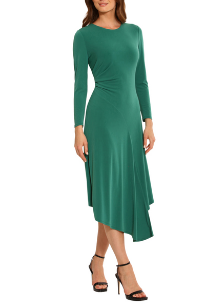 Long Sleeve Asymmetrical Evergreen Pleated Jersey A-Line Dress by Maggy London G5835M