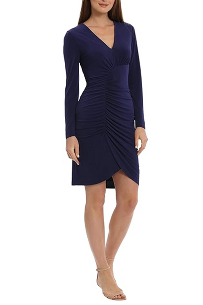 Long Sleeve Ruched Skirt V-Neck Midnight Jersey Dress by Maggy London G5869M
