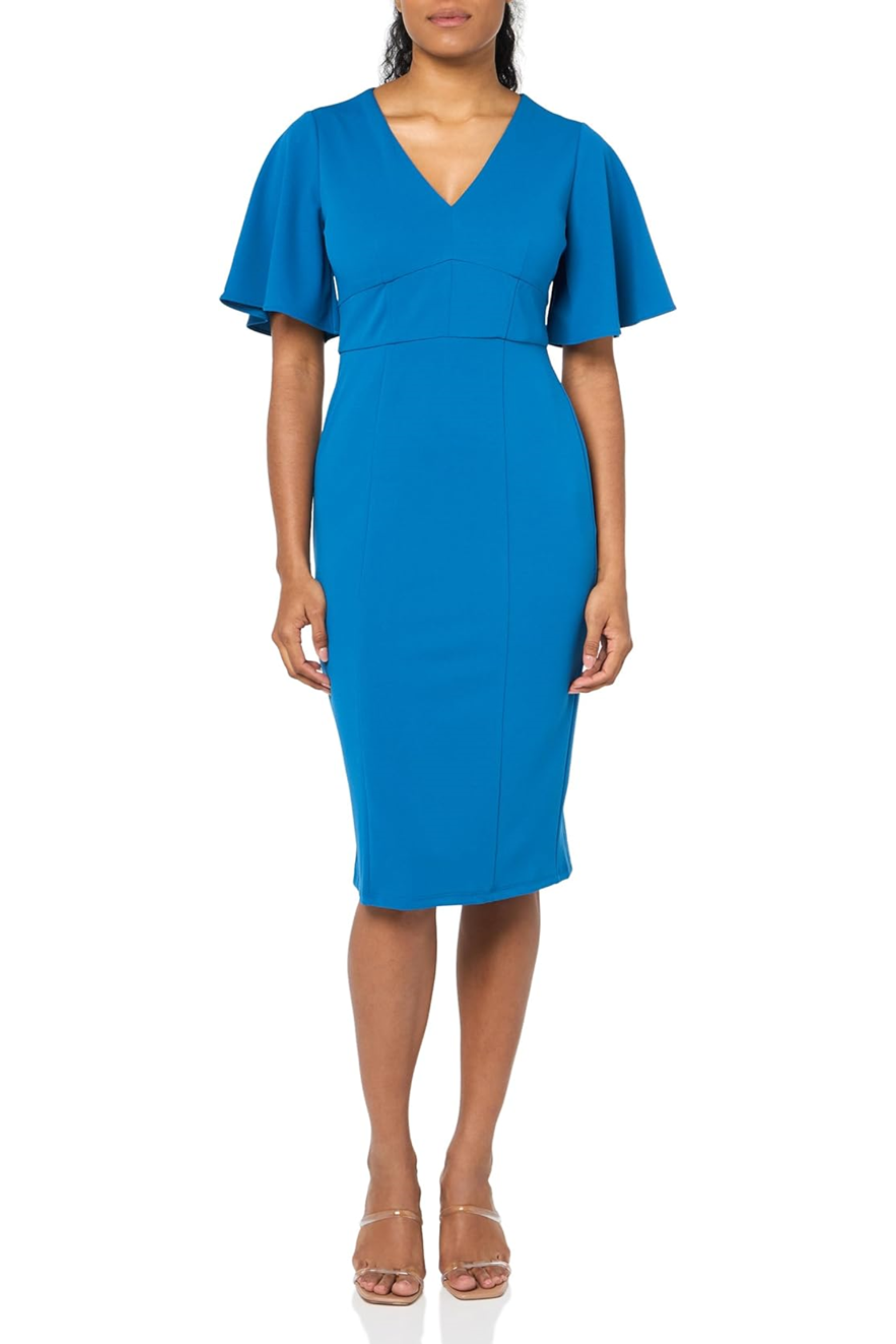 Flutter Sleeve V-Neck Retro Blue Short Flutter Sleeve Side Slit Scuba Crepe Sheath Dress by Maggy London G5902M
