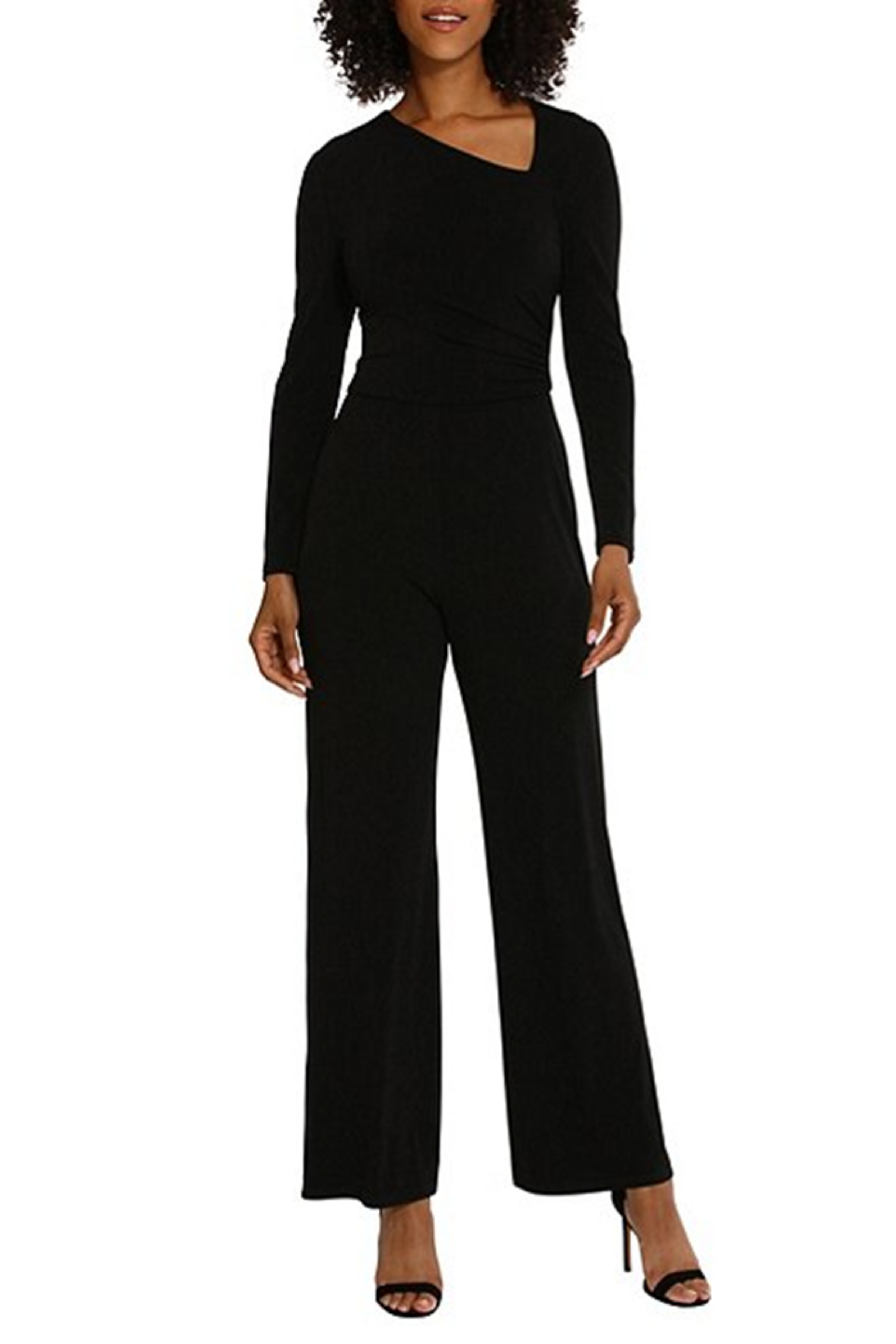 Asymmetrical Neck Black Asymmetrical Neckline Long Sleeve Ruched Jersey Wide Leg Jumpsuit by Maggy London G5918M