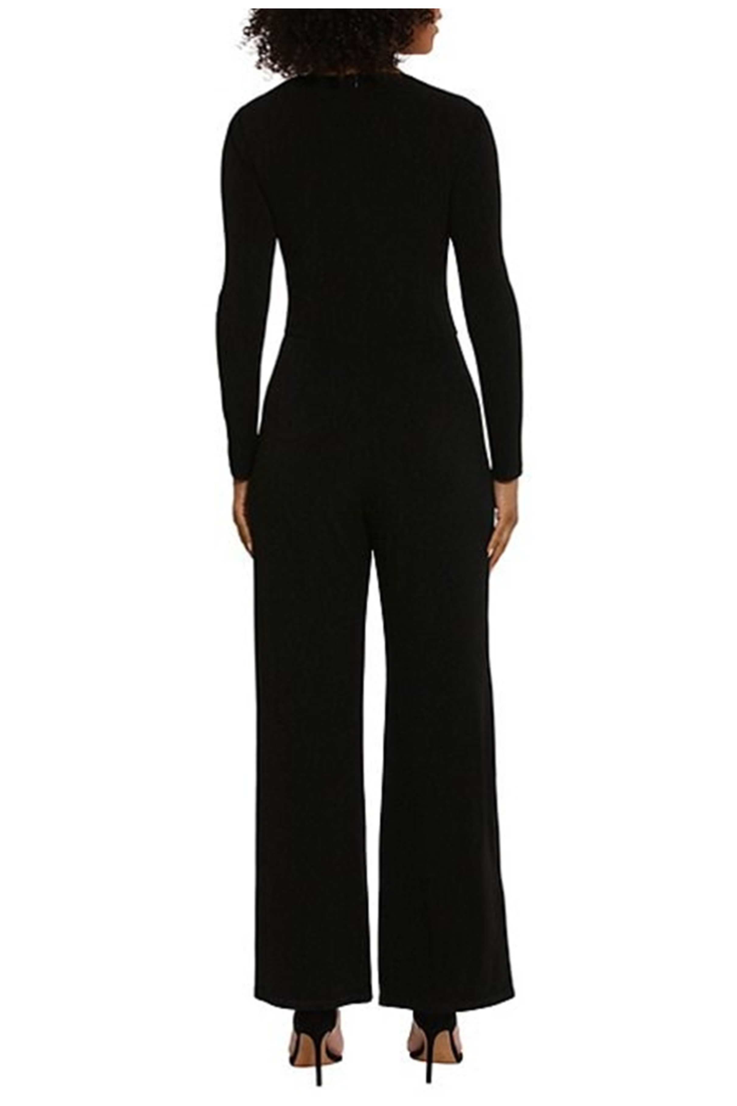 Asymmetrical Neck Black Asymmetrical Neckline Long Sleeve Ruched Jersey Wide Leg Jumpsuit by Maggy London G5918M