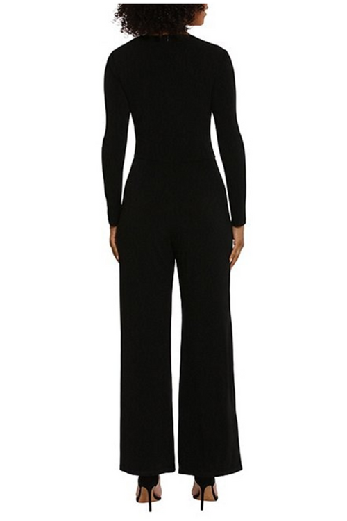 Asymmetrical Neck Black Asymmetrical Neckline Long Sleeve Ruched Jersey Wide Leg Jumpsuit by Maggy London G5918M