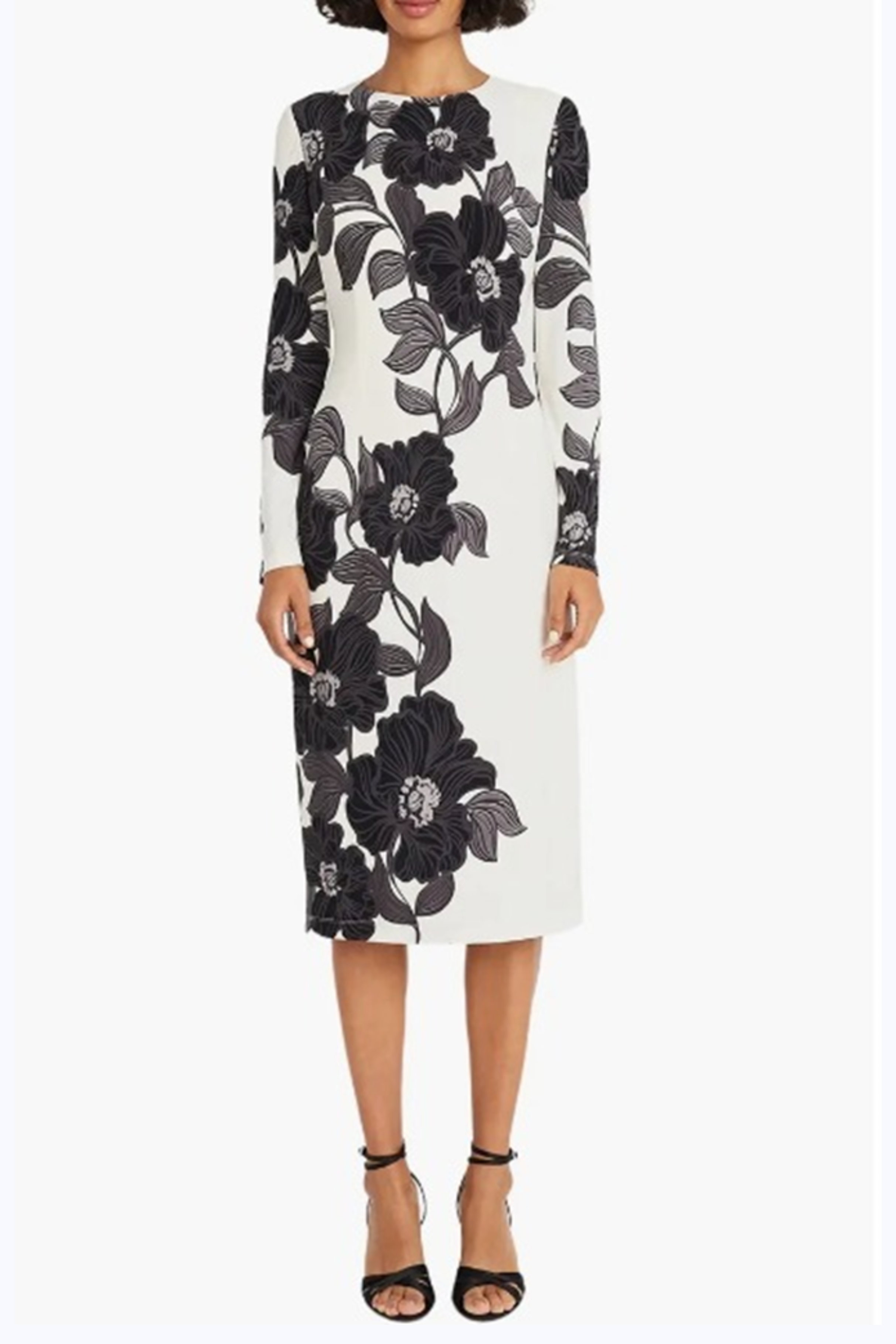 Floral Print Long Sleeve Sft Wht Black and Sft Wht Cobalt Round Neckline Jersey Sheath Dress by Maggy London G5925M