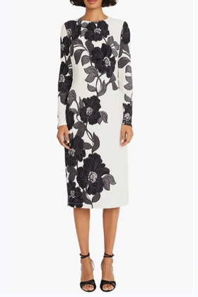 Maggy London G5925M Floral Print Long Sleeve Sft Wht Black and Sft Wht Cobalt Round Neckline Jersey Sheath Dress