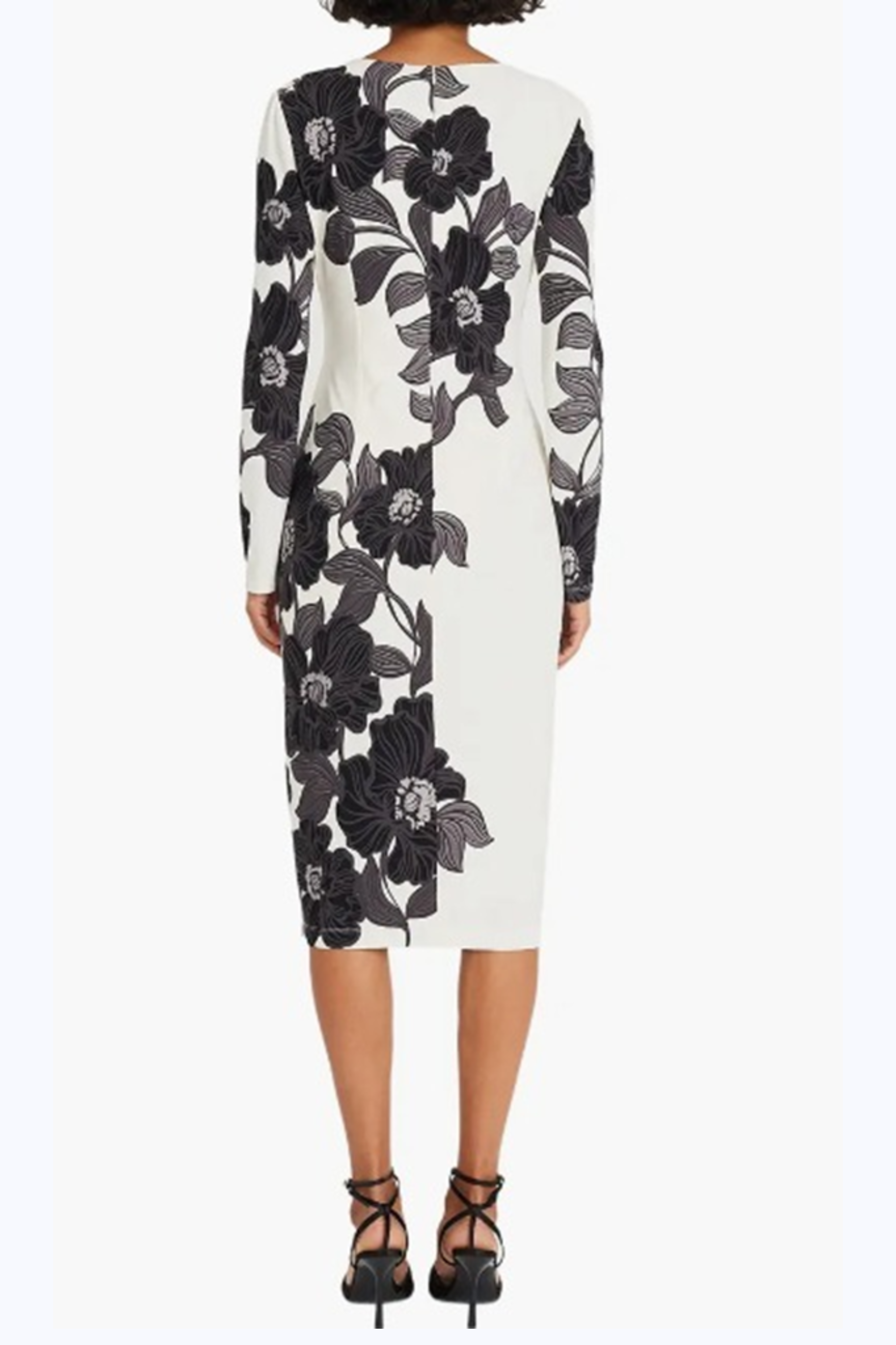 Floral Print Long Sleeve Sft Wht Black and Sft Wht Cobalt Round Neckline Jersey Sheath Dress by Maggy London G5925M