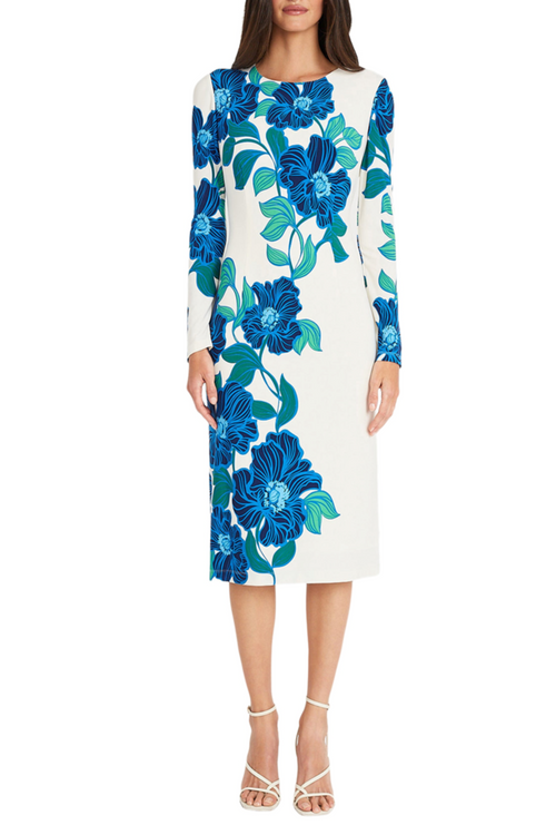Floral Print Long Sleeve Sft Wht Black and Sft Wht Cobalt Round Neckline Jersey Sheath Dress by Maggy London G5925M