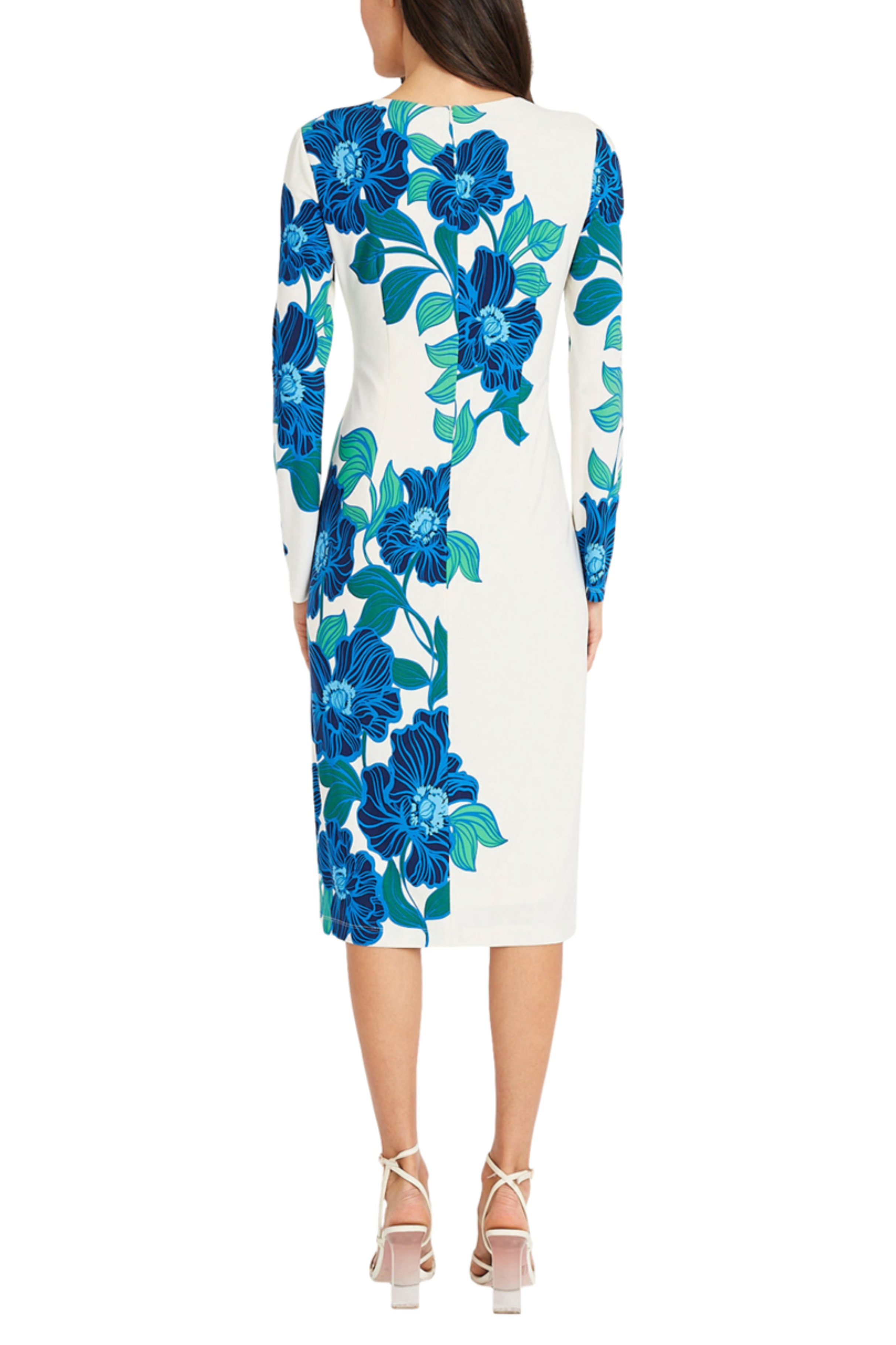 Floral Print Long Sleeve Sft Wht Black and Sft Wht Cobalt Round Neckline Jersey Sheath Dress by Maggy London G5925M