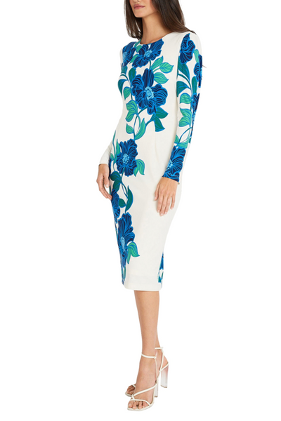 Floral Print Long Sleeve Sft Wht Black and Sft Wht Cobalt Round Neckline Jersey Sheath Dress by Maggy London G5925M