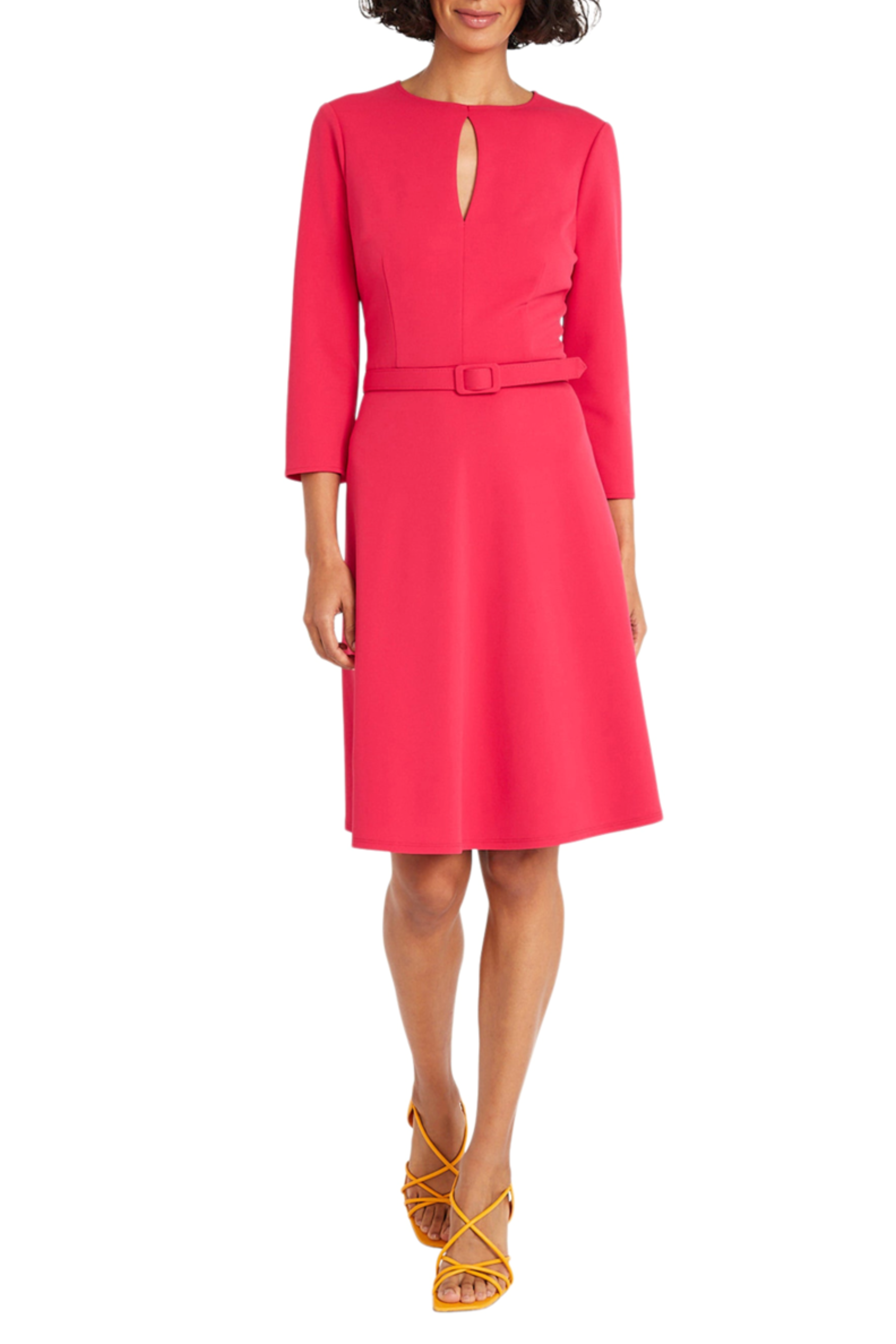 3/4 Sleeve Belted Rosebud Keyhole Neckline Scuba Crepe A-Line Dress by Maggy London G5934M