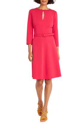 Maggy London G5934M 3/4 Sleeve Belted Rosebud Keyhole Neckline Scuba Crepe A-Line Dress