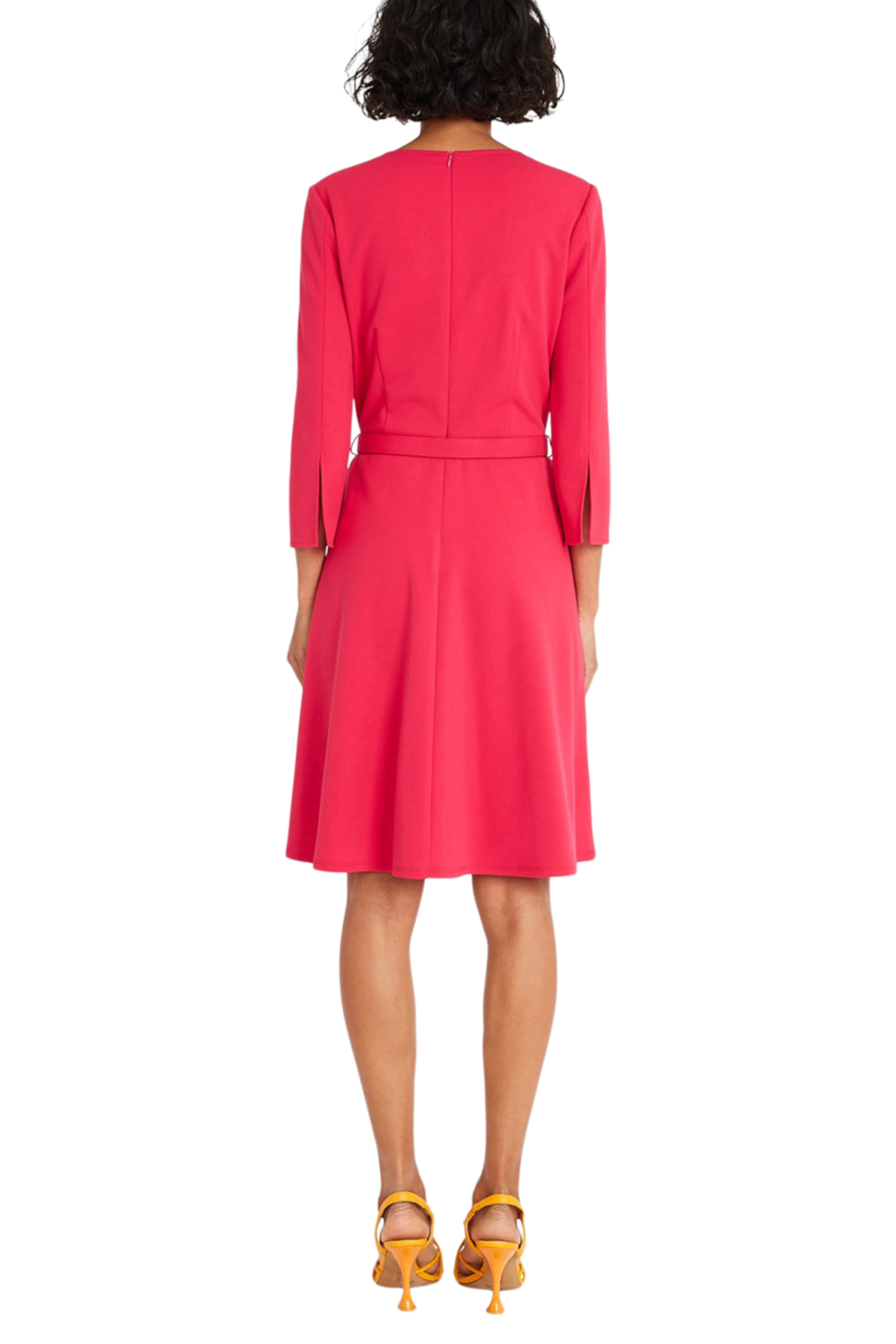 3/4 Sleeve Belted Rosebud Keyhole Neckline Scuba Crepe A-Line Dress by Maggy London G5934M