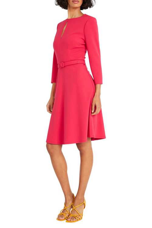 3/4 Sleeve Belted Rosebud Keyhole Neckline Scuba Crepe A-Line Dress by Maggy London G5934M