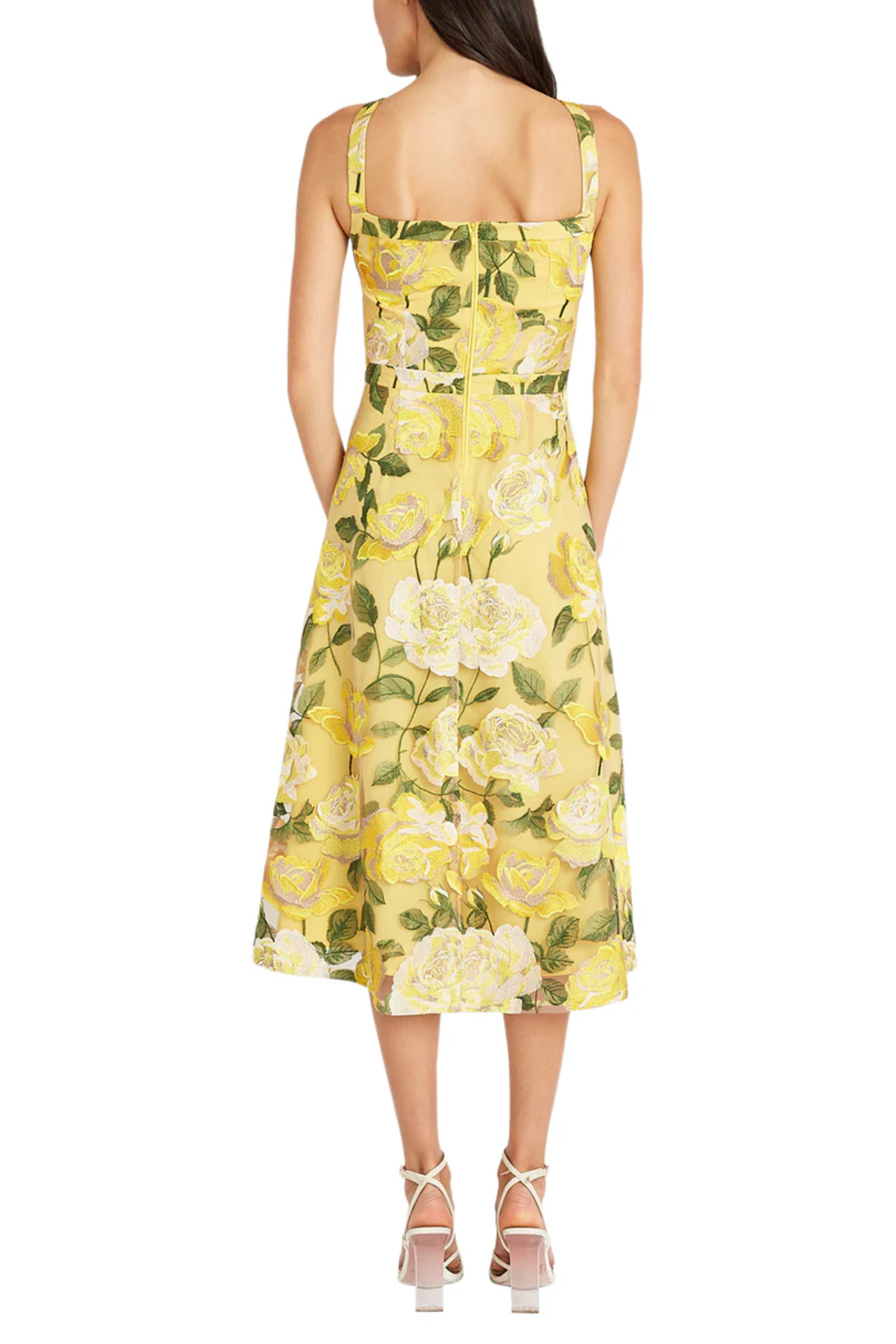 Floral Embroidered A-Line Sand Yellow Sweetheart Neckline Floral Print Embroidered Tulle Midi Dress by Maggy London G5937M