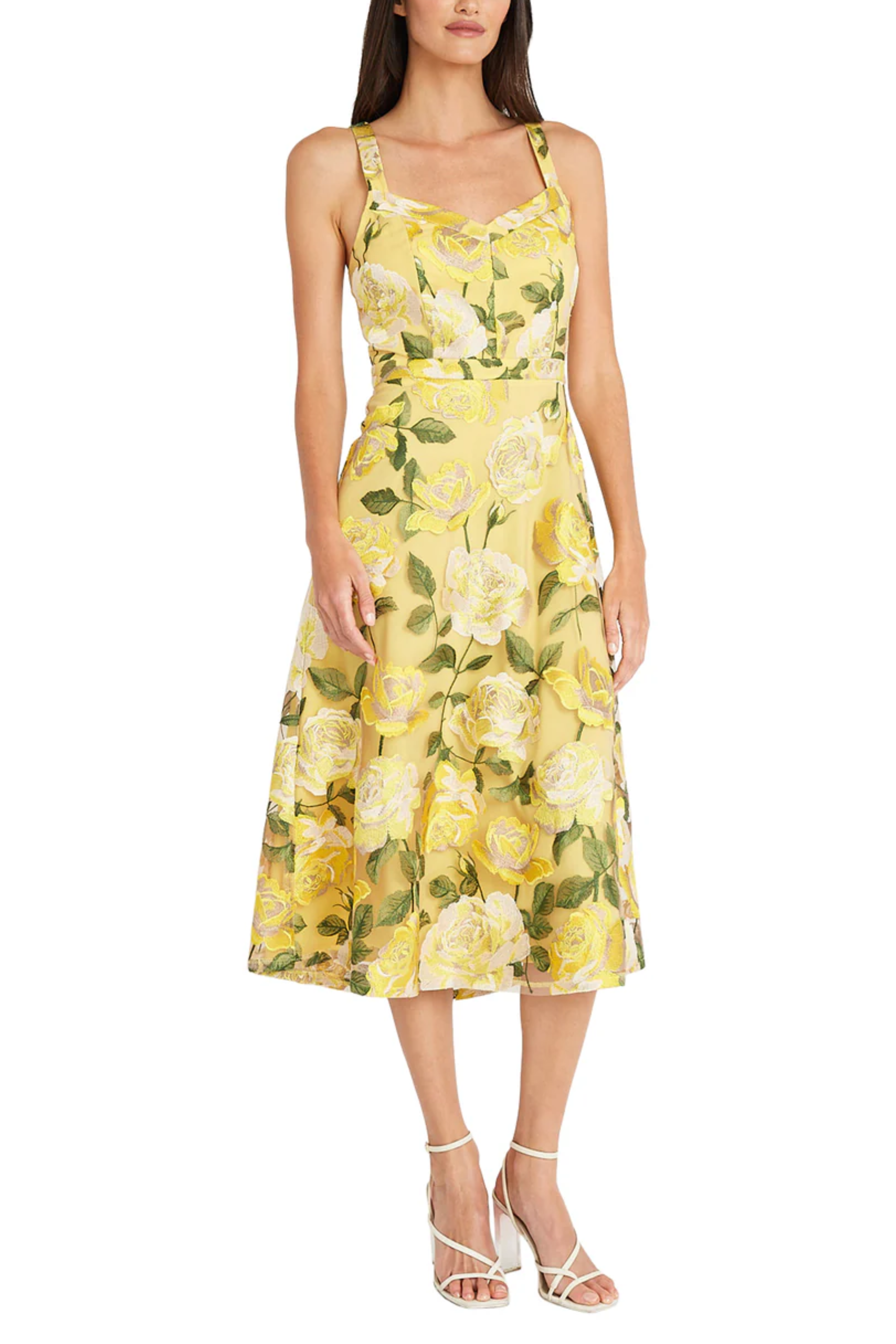 Floral Embroidered A-Line Sand Yellow Sweetheart Neckline Floral Print Embroidered Tulle Midi Dress by Maggy London G5937M