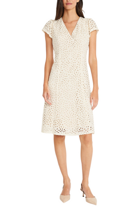 Maggy London G5938M Laser Cut Short Sleeve Whisper White V-Neck Laser Cut Crepe A-Line Dress