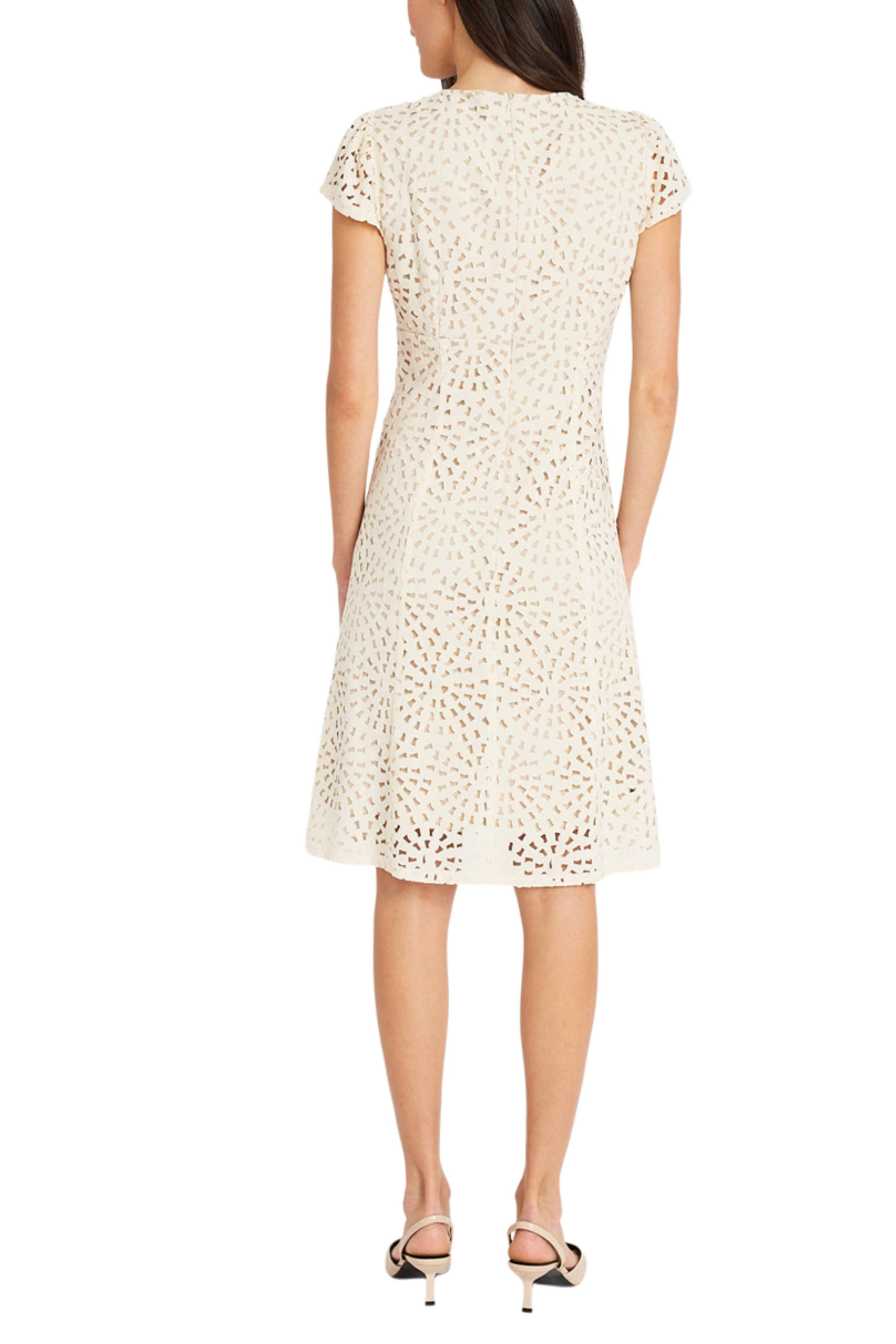 Laser Cut Short Sleeve Whisper White V-Neck Laser Cut Crepe A-Line Dress by Maggy London G5938M