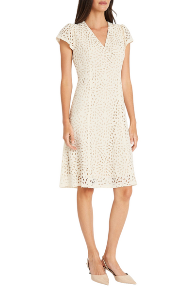 Laser Cut Short Sleeve Whisper White V-Neck Laser Cut Crepe A-Line Dress by Maggy London G5938M